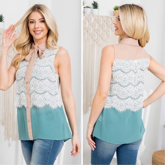 RYU Mint Beige Button Down Sleeveless Victorian Lace Top - Picture 6 of 8